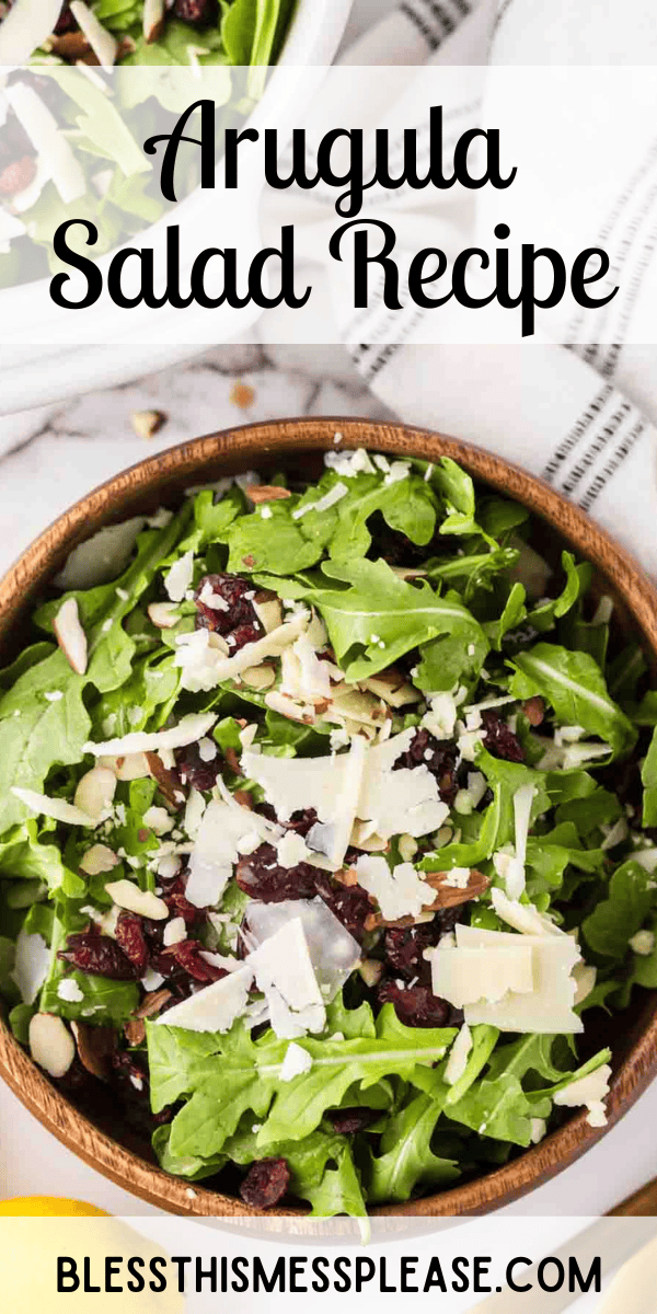 Pinterest pin with text that reads Arugula Salad Recipe.