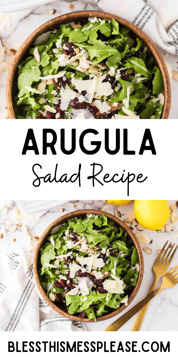 Pinterest pin with text that reads Arugula Salad Recipe.