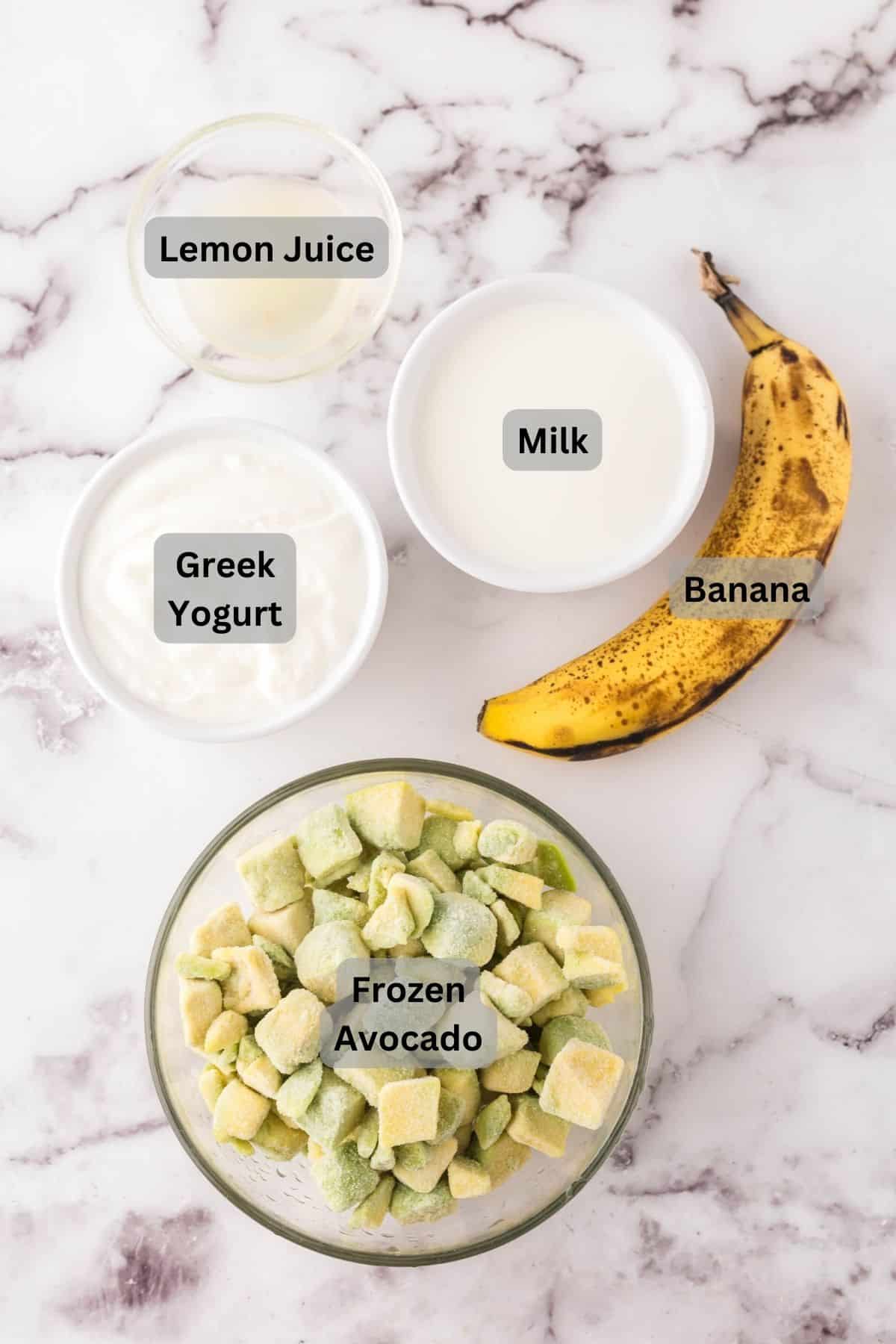 portion bowls each with raw, digitally labeled ingredient to make avocado smoothie recipe.