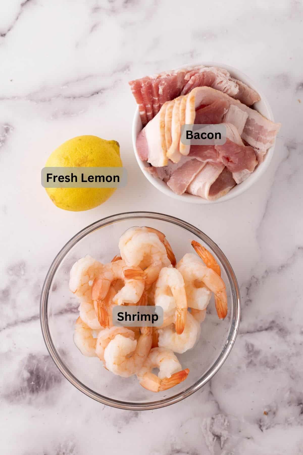 bowls with raw ingredients for bacon wrapped shrimp. digitally labled.