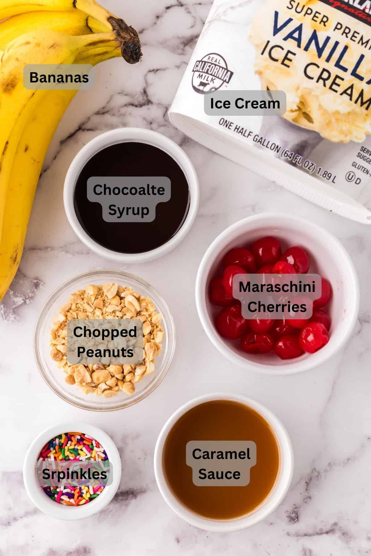 digitally labeled portion bowls each with raw ingredient to make a classic banana split.