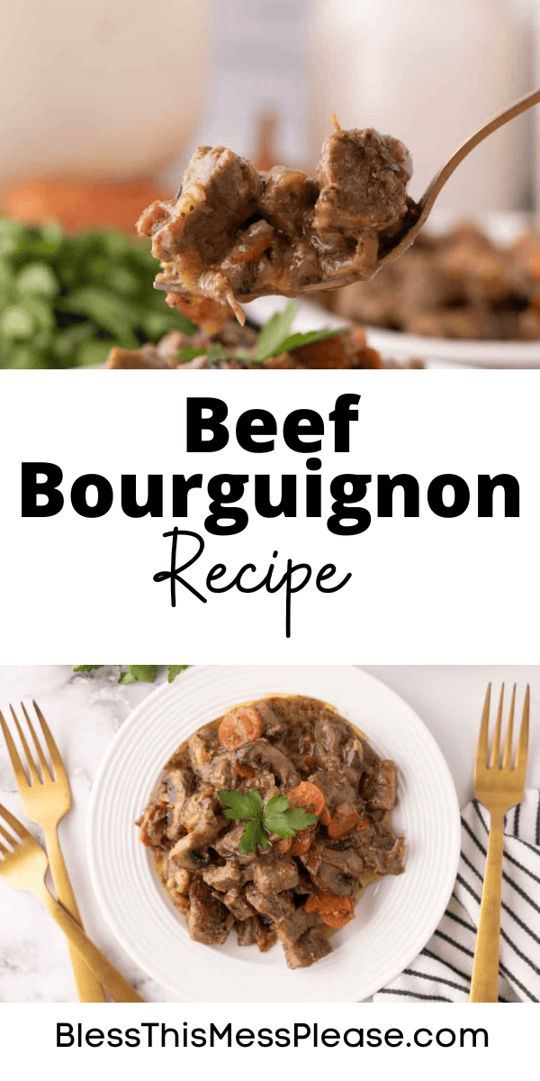 Pinterest pin with text that reads Beef Bourguignon Recipe.