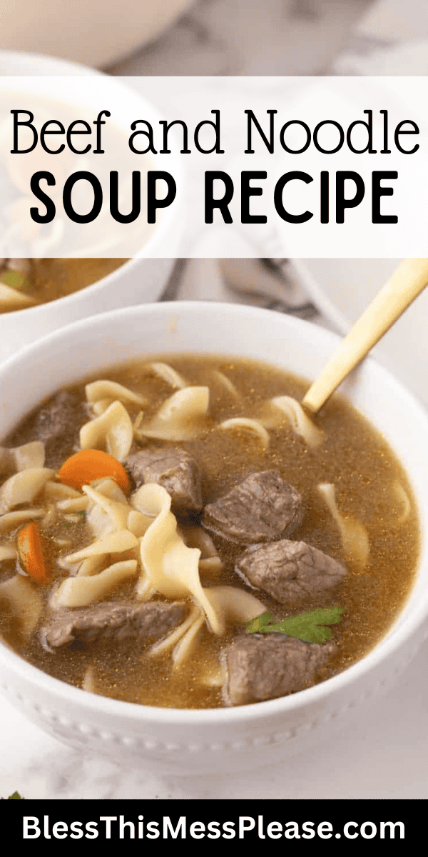 Pinterest pin with text that reads Beef Noodle Soup Recipe.