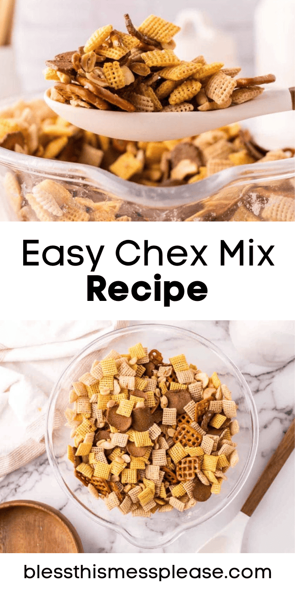 Pinterest pin with text that reads easy chex mix recipe.