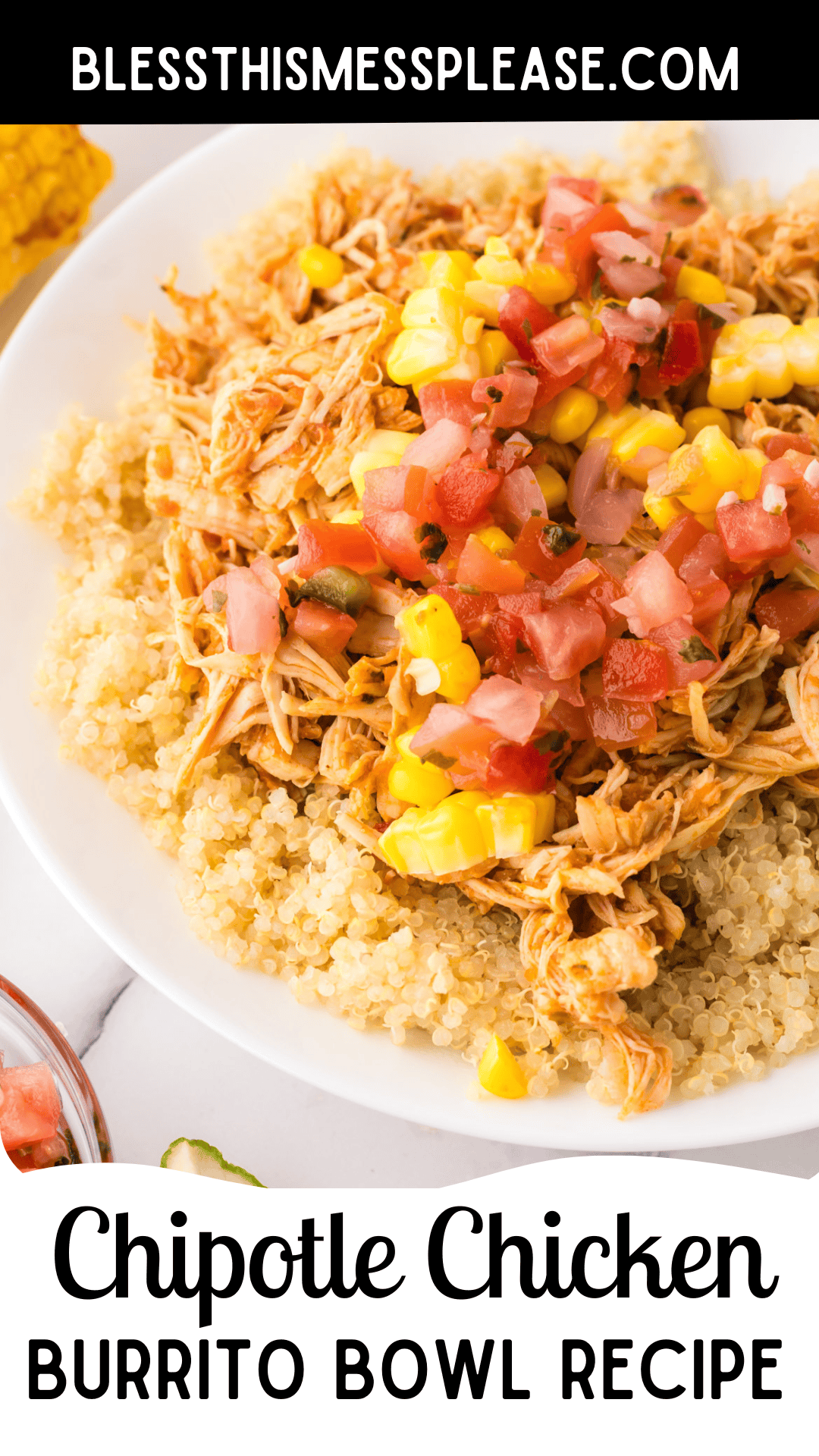 Pinterest pin with text that reads chipotle chicken burrito bowl recipe.