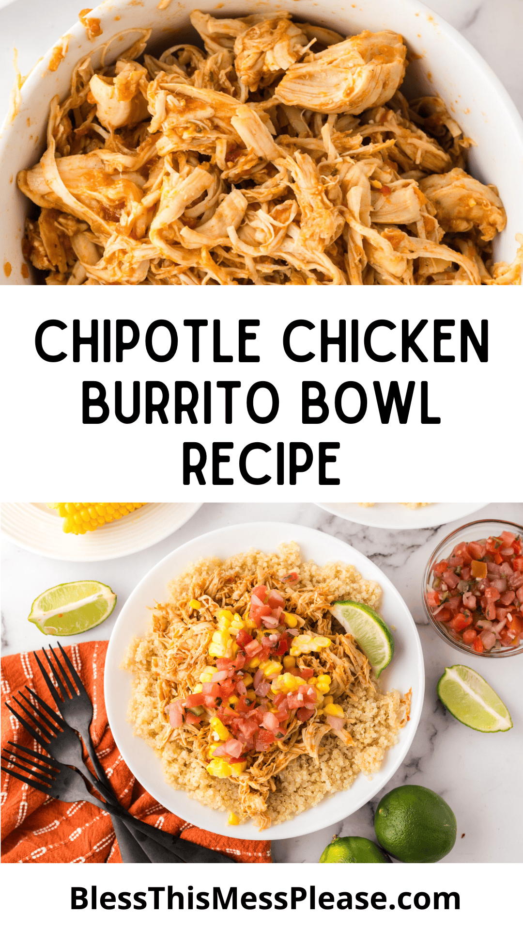 Pinterest pin with text that reads chipotle chicken burrito bowl recipe.