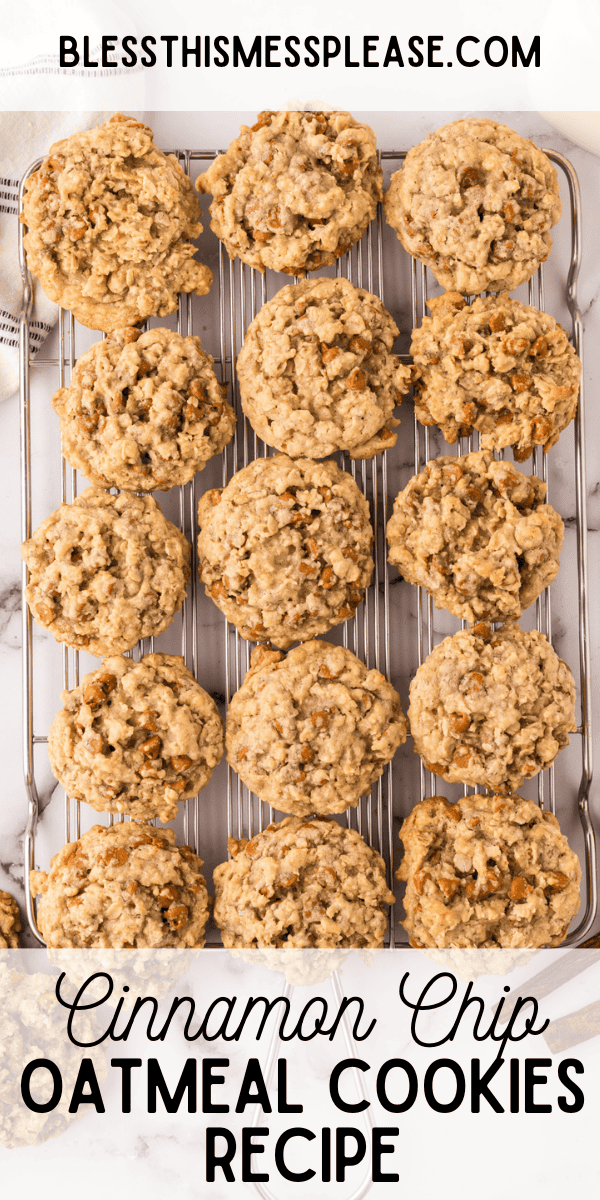 Pinterest pin with text that reads Cinnamon Chip Oatmeal Cookie Recipe.