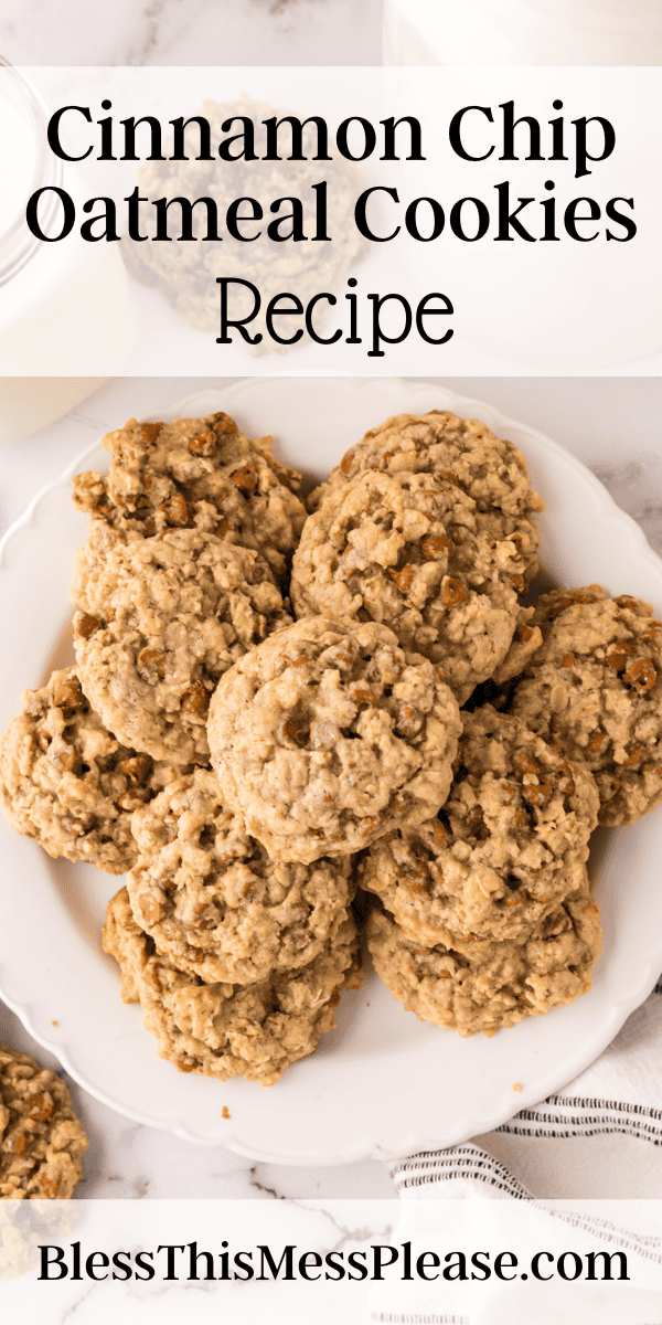 Pinterest pin with text that reads Cinnamon Chip Oatmeal Cookie Recipe.
