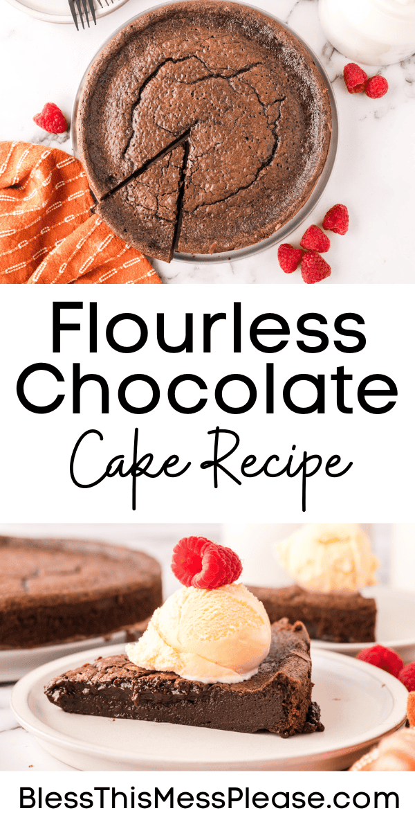 Pinterest pin with text that reads Flourless Chocolate Cake Recipe.