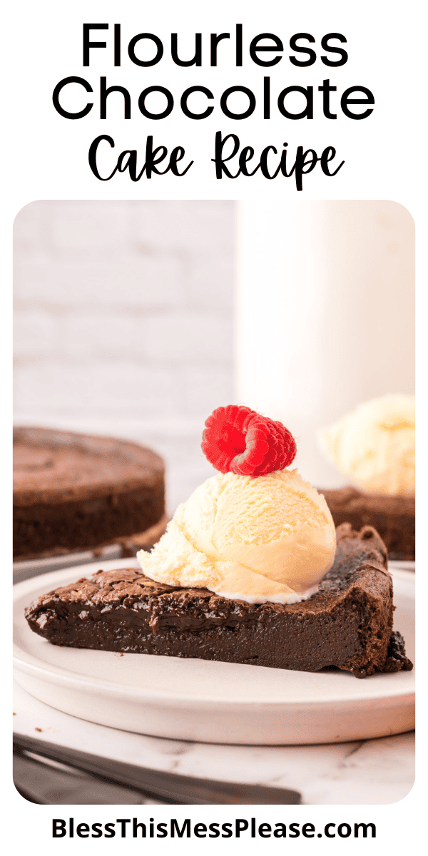 Pinterest pin with text that reads Flourless Chocolate Cake Recipe.