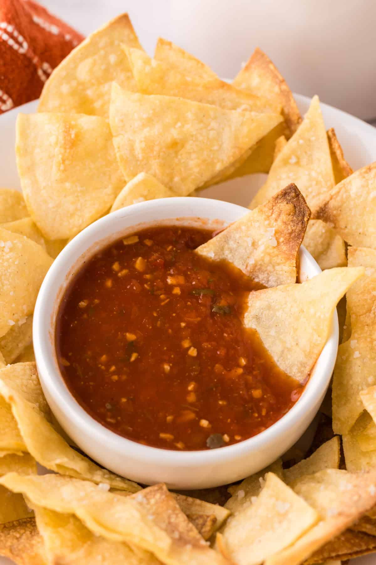 round white plate with homemade baked corn tortilla chips with a bowl of salsa in the middle.