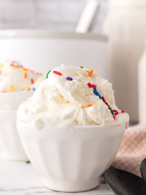 cake batter ice cream in a white dish with rainbow sprinkles.
