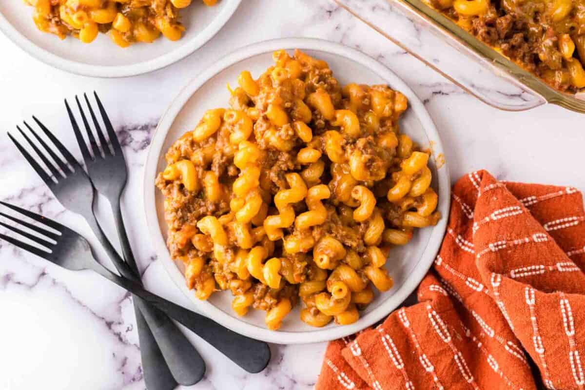 cheeseburger casserole recipe on a round grey plate.