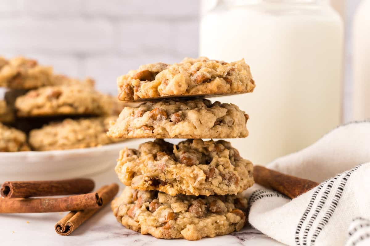 Stack of 4 cinnamon chip oatmeal cookies.