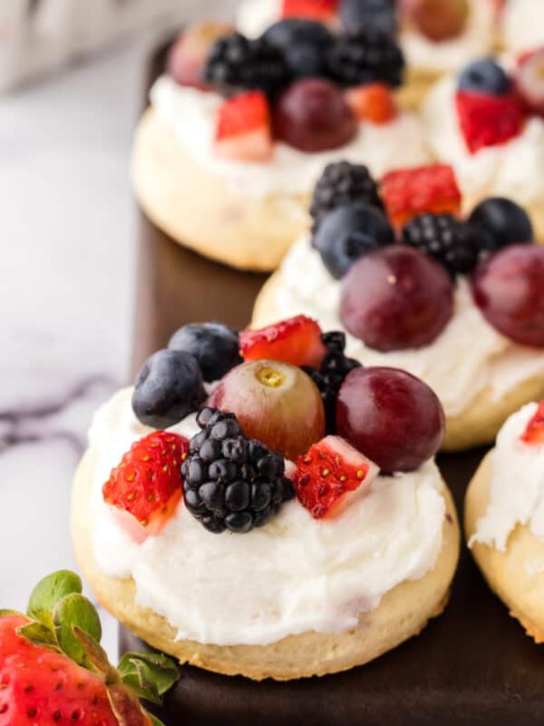 fresh fruit atop fruit pizza cookies.