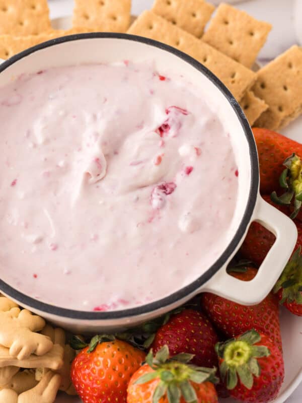 small bowl with crackers around it with the raspberry cheesecake dip recipe inside.