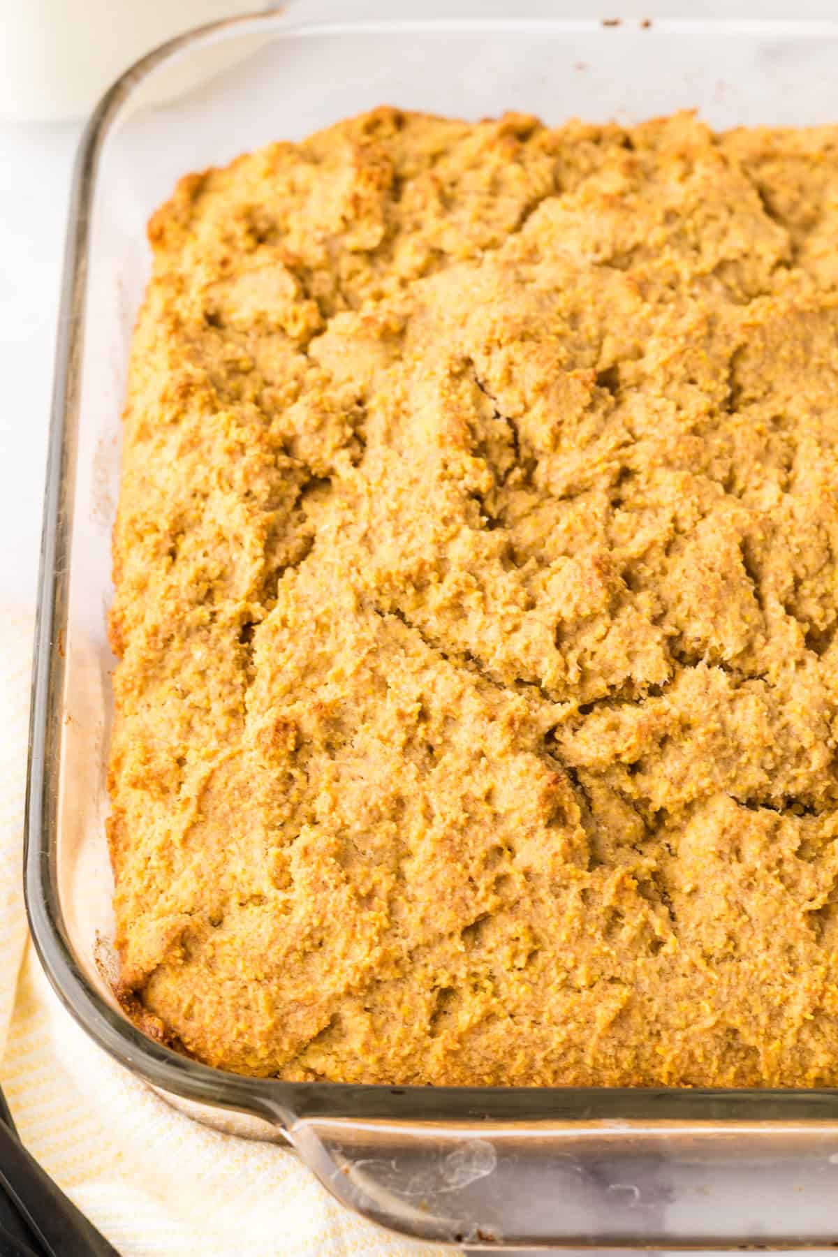 clear baking dish with whole wheat cornbread recipe.