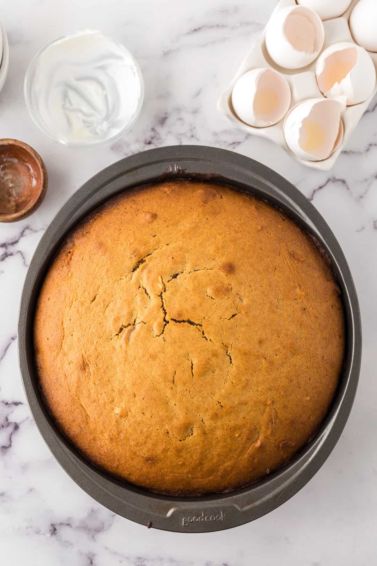 round cake pan with the whole baked fresh from the oven whole wheat honey cake.