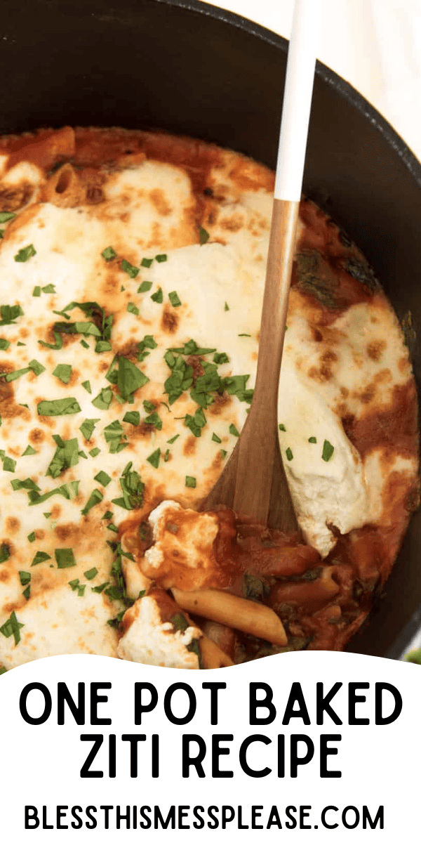 Pinterest pin with text that reads one pot baked ziti recipe.