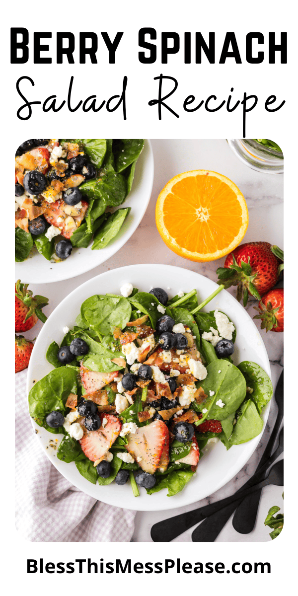 Pinterest pin with text that reads berry spinach salad recipe.