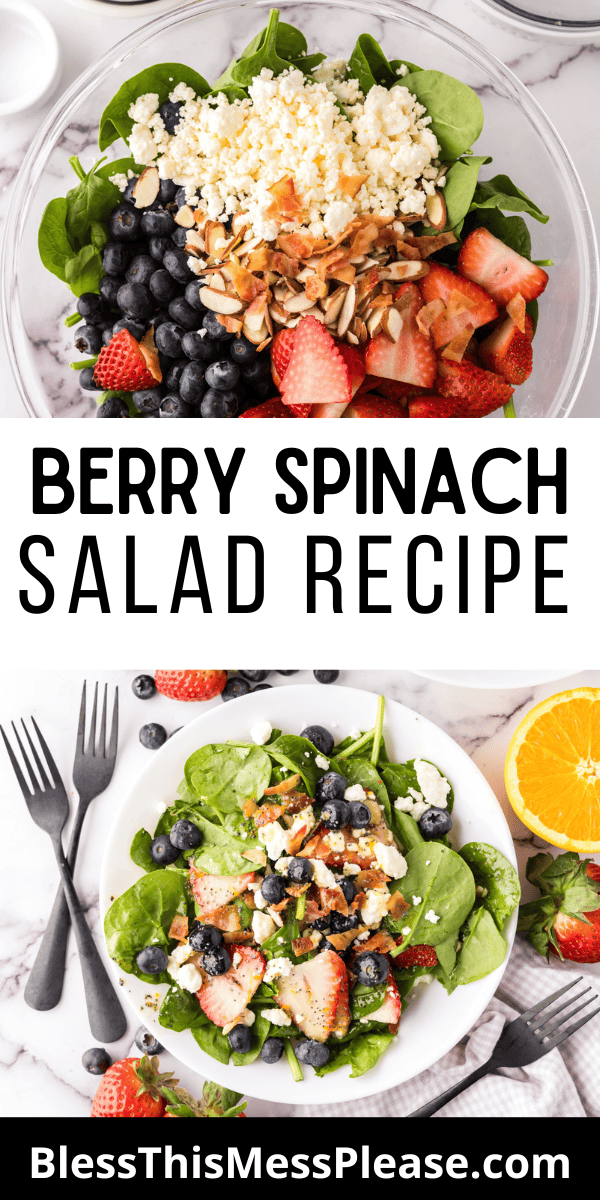 Pinterest pin with text that reads berry spinach salad recipe.