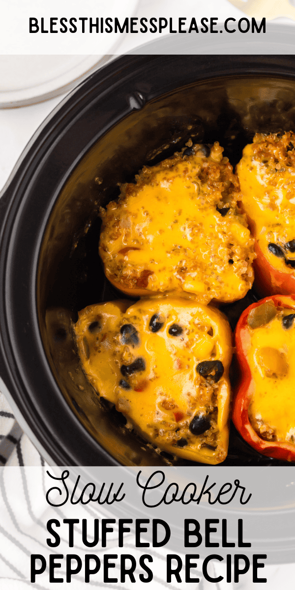 Pinterest pin with text that reads Slow Cooker Stuffed Bell Peppers Recipe.