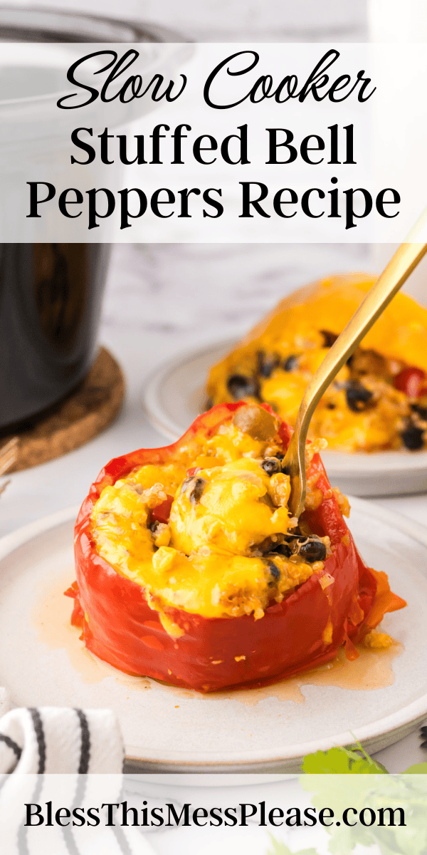 Pinterest pin with text that reads Slow Cooker Stuffed Bell Peppers Recipe.