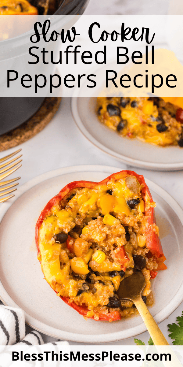 Pinterest pin with text that reads Slow Cooker Stuffed Bell Peppers Recipe.