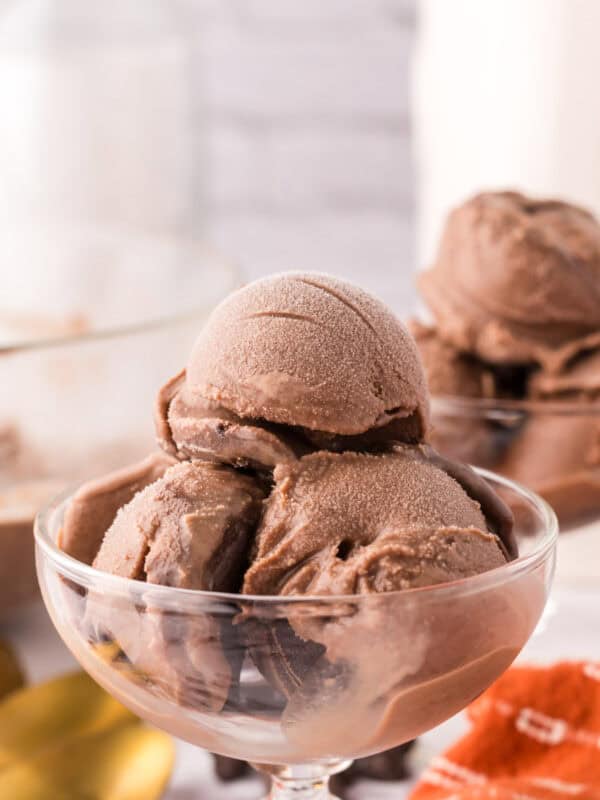 chocolate truffle ice cream scooped into a sundae glass.