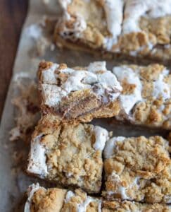 Close-up of Reeses Smores Bars on a tray, crowned with a crumbly layer and white icing. One piece is stacked on another, revealing a gooey, layered interior. The golden-brown bars boast visible chunks and a textured surface, capturing the essence of everyones favorite campfire treat.