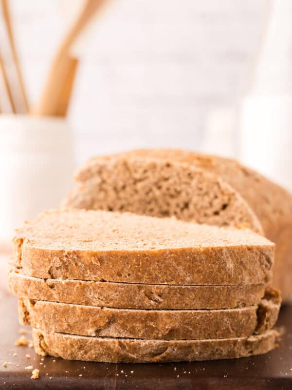 sliced loaf of homemade wheat bread.