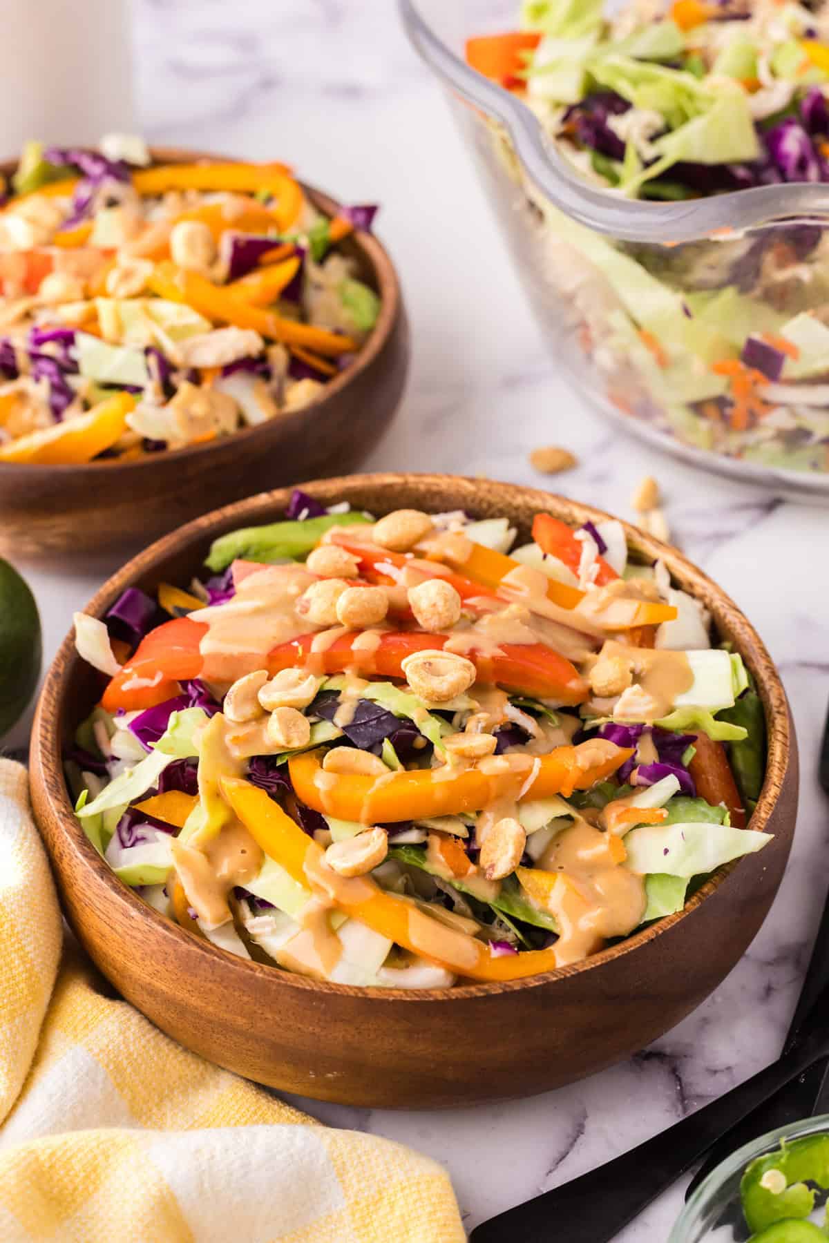 wooden salad bowl with asian chicken salad with peanut dressing.