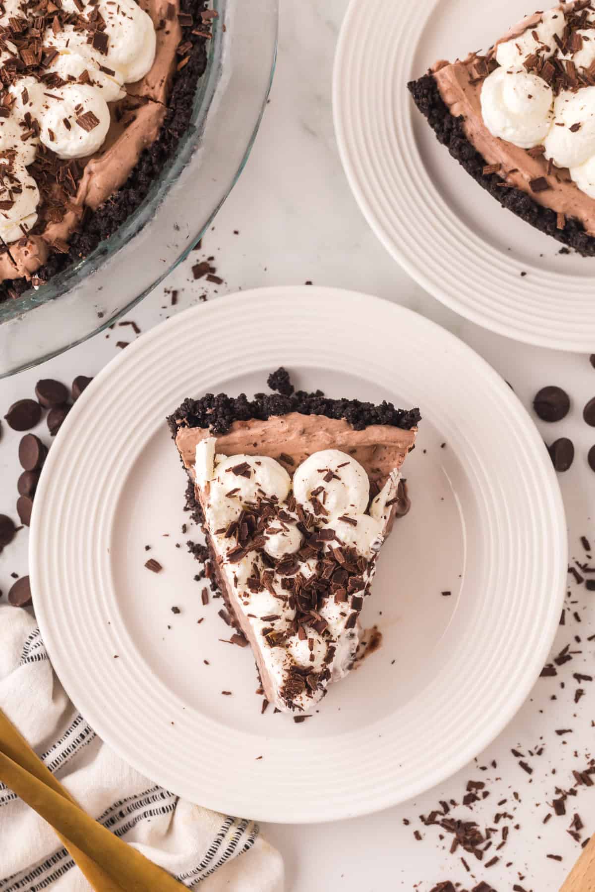 one slice of chocolate cream pie.