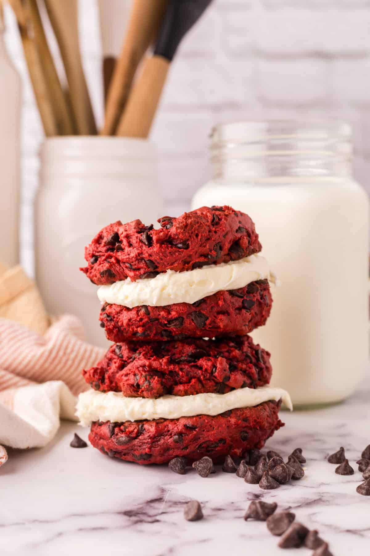 red velvet whoopee pies in a small stack.