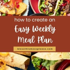 A colorful spread of Mexican-inspired dishes—nachos, tacos, wraps, and veggie bowls—surrounds a central text box that reads, how to create an Easy Weekly Meal Plan for family meal planning at blessthismessplease.com.