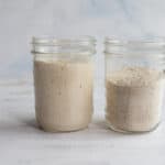Two glass jars on a light surface; the left jar contains bubbly, active sourdough starter showing how to rehydrate sourdough starter, while the right jar holds dry starter. Both jars are about two-thirds full and set against a pale, blurred background.