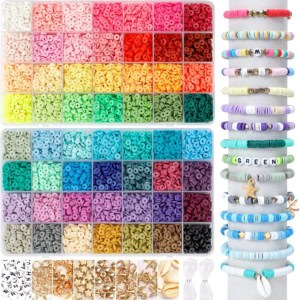A colorful collection of small, round beads in various shades organized in bins, alongside a display of bracelets featuring the beads. There are also letter beads, gold charms, and white cords included.