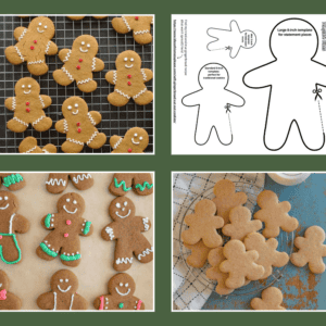 A collage featuring gingerbread man cookie templates: smiling decorated cookies on a cooling rack, outlined shapes ready for baking, a plate filled with classic gingerbread cookies, and cookies with colorful icing outfits and accessories.