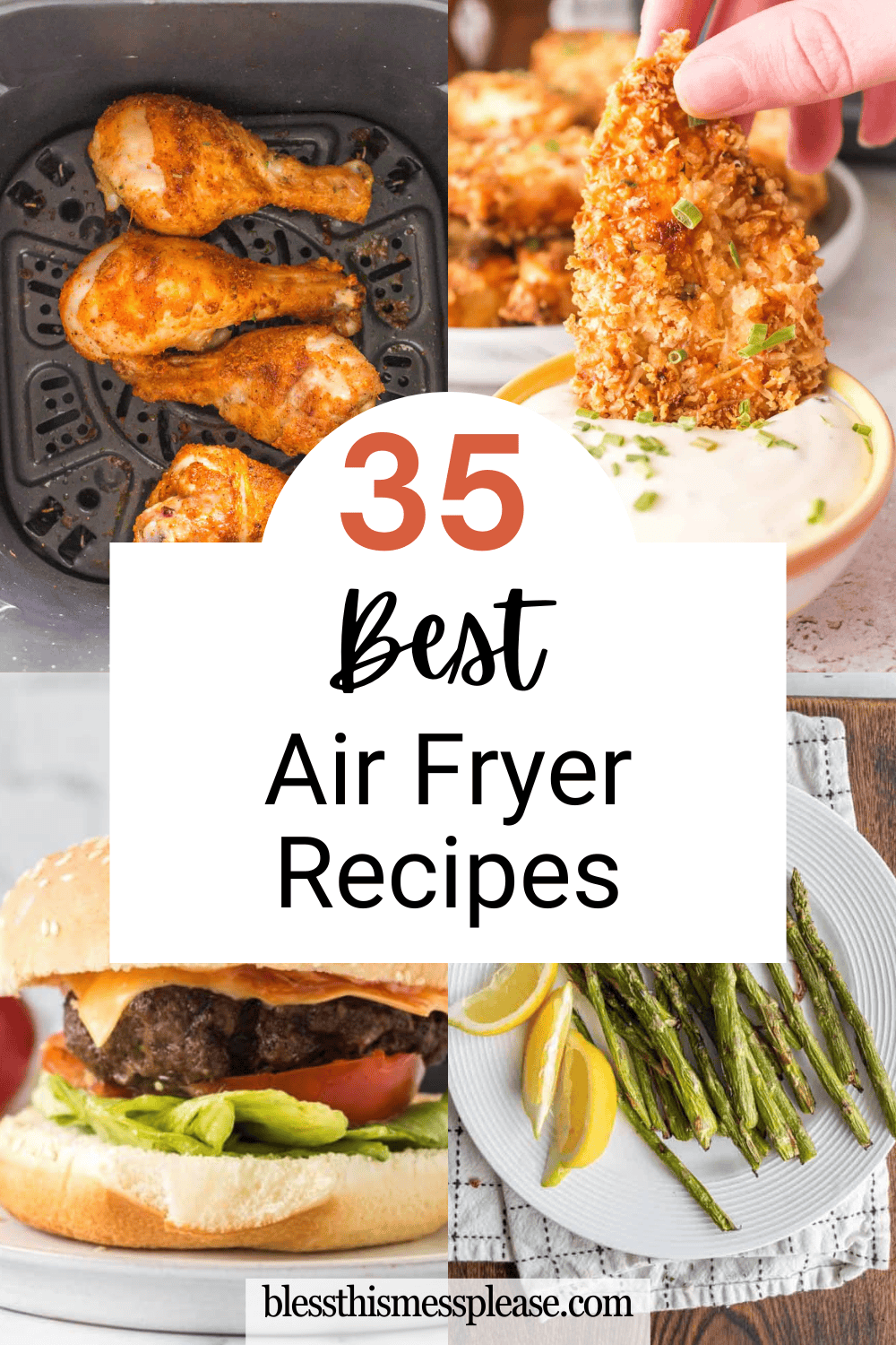 A collage featuring some of the best air fryer recipes: crispy chicken drumsticks, a hand dipping chicken in sauce, a juicy hamburger with lettuce and tomato, and asparagus with lemon. Text reads “35 Best Air Fryer Recipes.”.