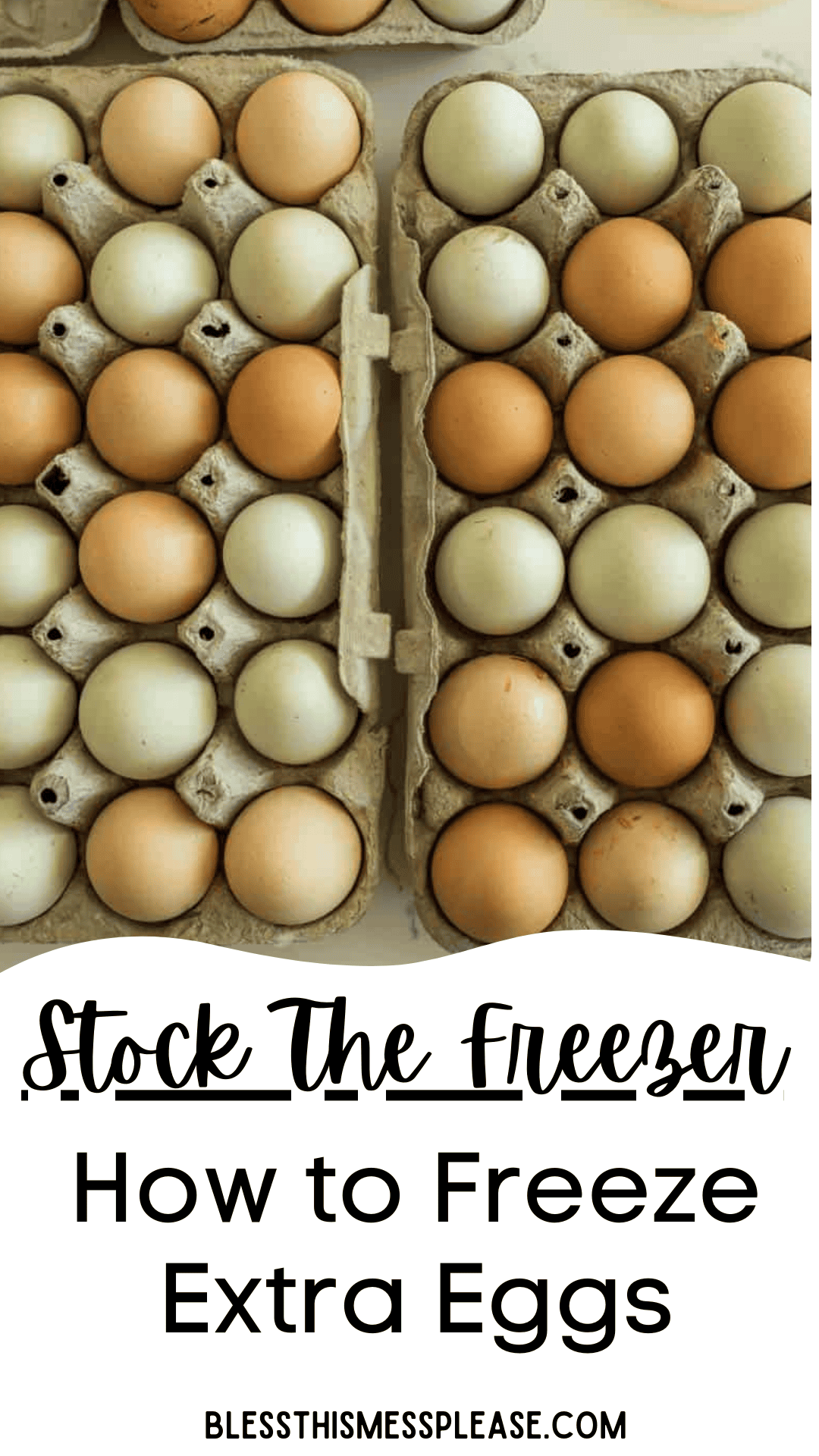 A top view of four dozen brown and pale green eggs in open cartons. Text below reads: “Stock The Freezer: How to Freeze Extra Eggs” with the website blessthismessplease.com.