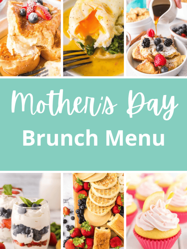 Collage of brunch delights for a mother's day menu: French toast, poached egg, berry-topped pancakes, yogurt parfait, fruit-laden waffle board, and cupcakes. Mother’s Day menu text proudly displayed in the center.