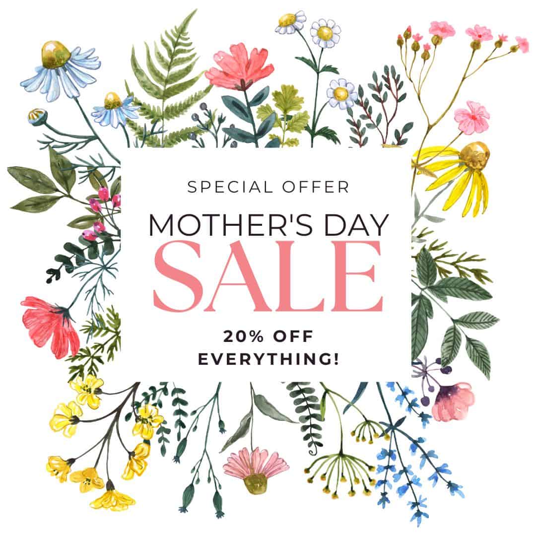Square white banner with watercolor flowers around the edges. Text in the center reads: Special Offer. Mothers Day Sale. 20% Off Everything! in pink and black fonts.