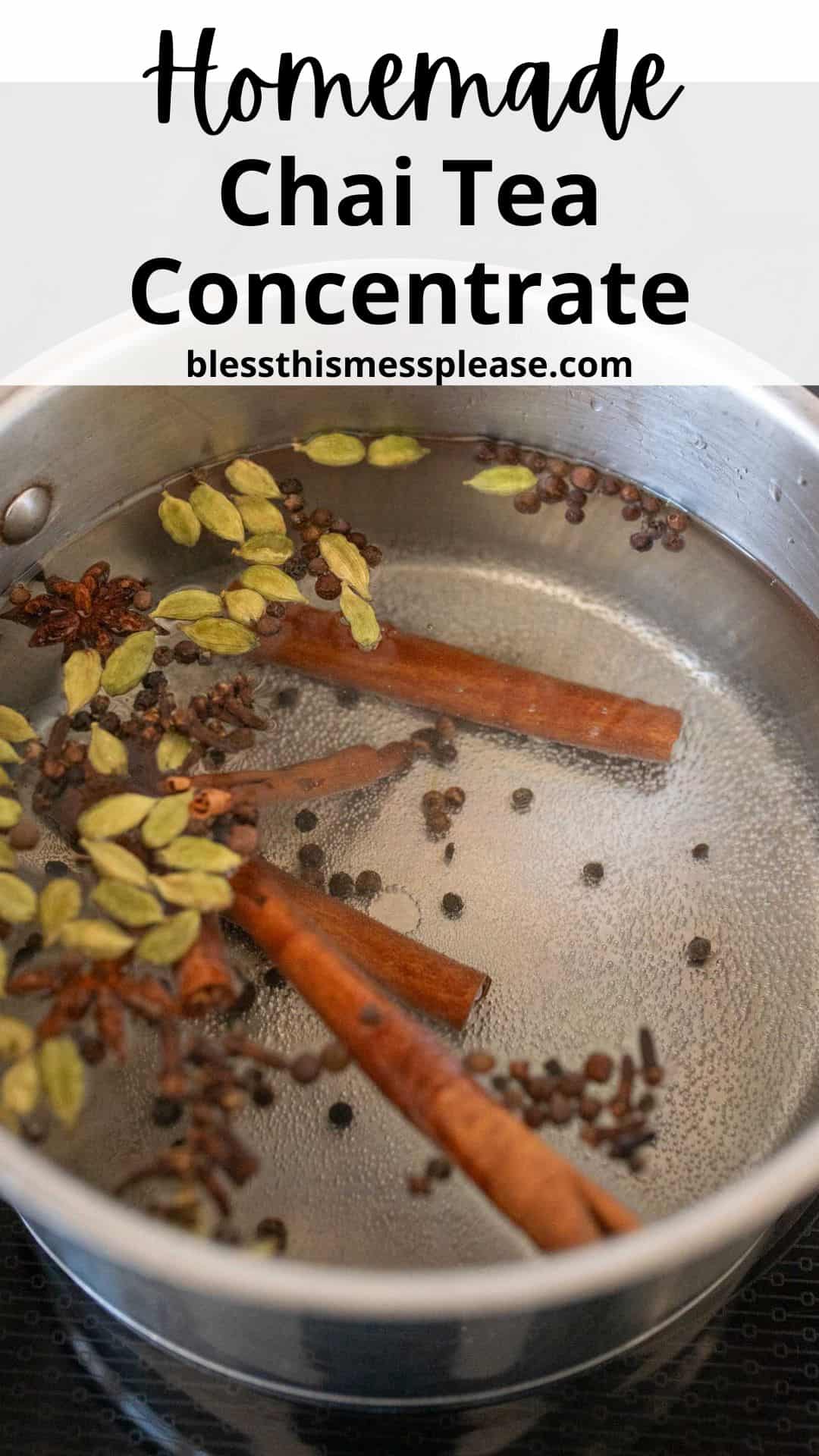 A pot of simmering water with ingredients for chai tea concentrate, including cinnamon sticks, cardamom pods, black peppercorns, and cloves. The text above reads Homemade Chai Tea Concentrate blessthismessplease.com.