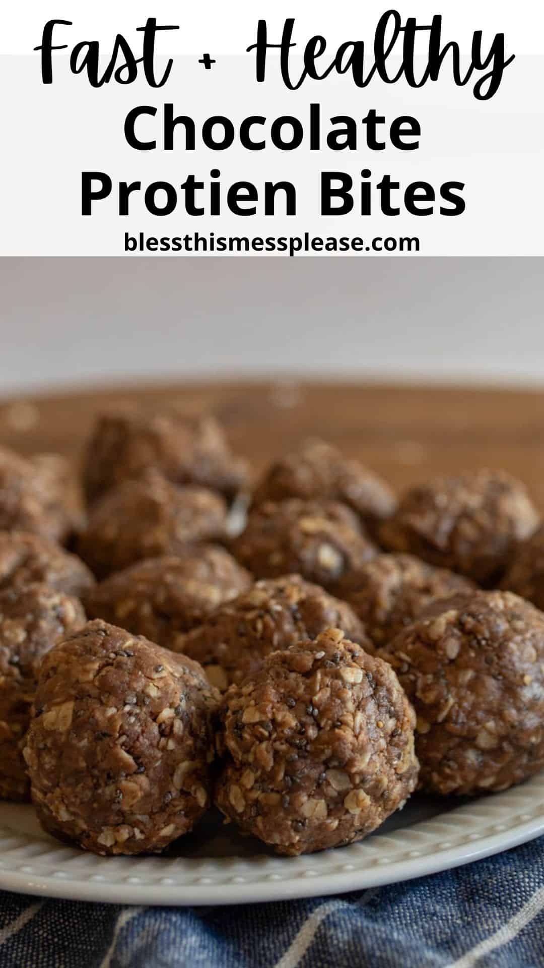 Plate of chocolate protein bites made with oats and seeds, arranged on a wooden table. The text above reads Fast + Healthy Chocolate Protein Bites with a website link.