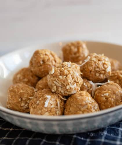 A bowl filled with round coconut protein balls made of oats and shredded coconut sits on a checkered cloth. The bites have a textured appearance, suggesting a mix of ingredients like oats and nut butter. The background is softly blurred.