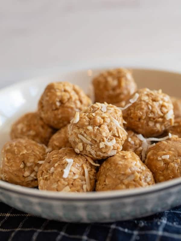 A bowl filled with round coconut protein balls made of oats and shredded coconut sits on a checkered cloth. The bites have a textured appearance, suggesting a mix of ingredients like oats and nut butter. The background is softly blurred.