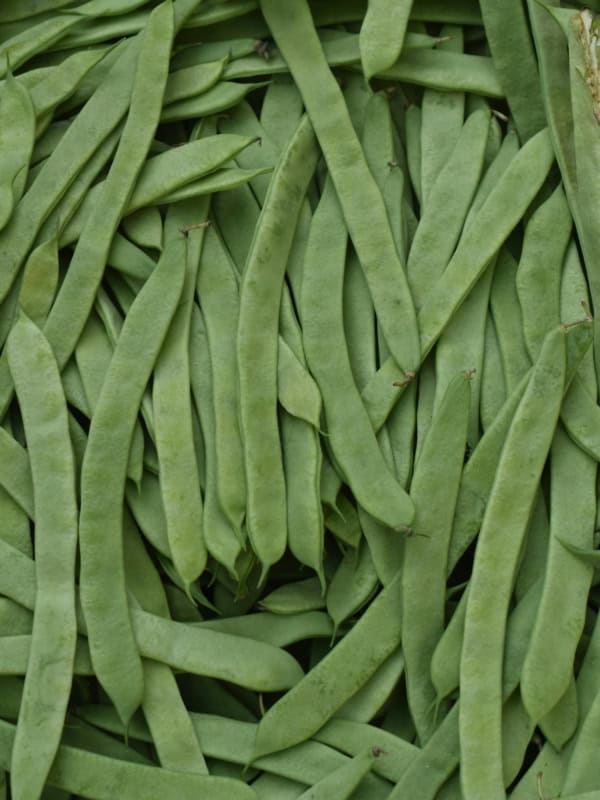 A pile of fresh green snap beans arranged closely together, covering the entire frame. The beans have a smooth surface and a vibrant green color.