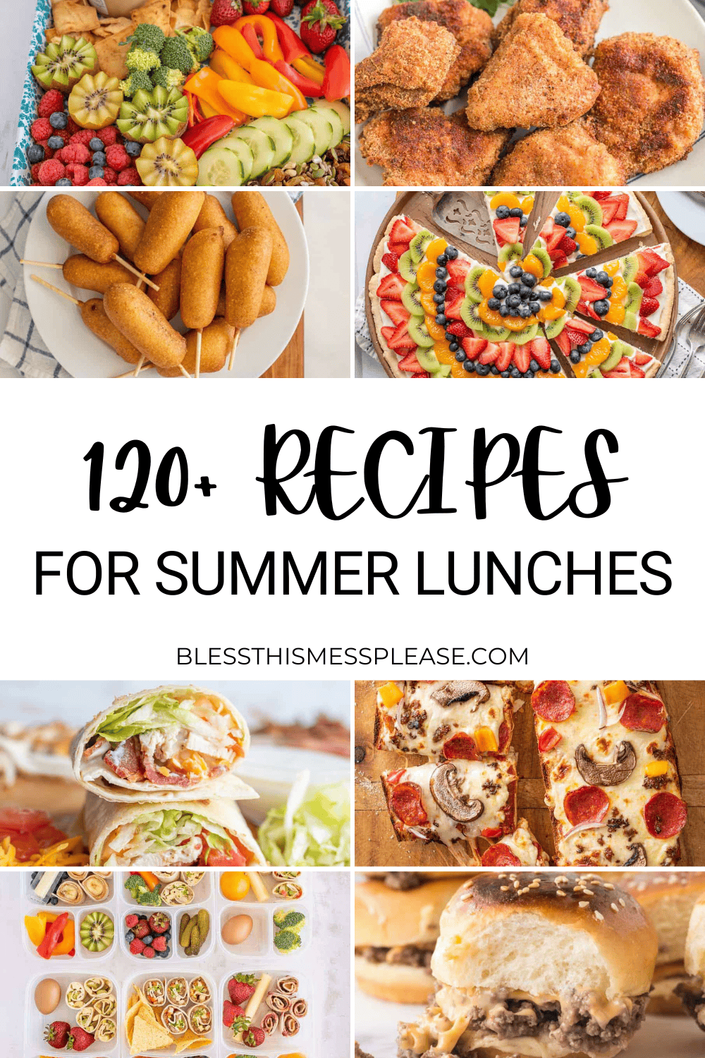 A collage of colorful summer lunch foods—fruit platters, fried chicken, corn dogs, wraps, pizza, lunchboxes, and a cheeseburger slider—with text reading 120+ Recipes for Summer Lunches and plenty of fun kids lunch ideas.