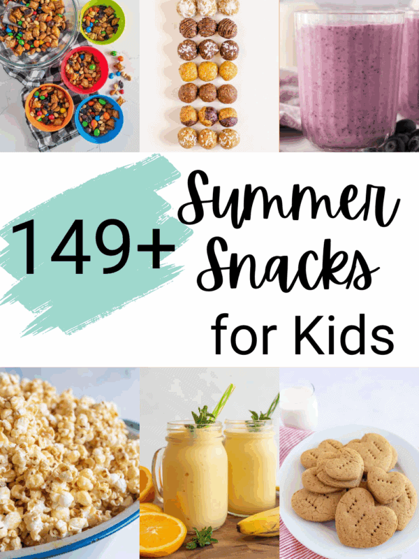 A collage of colorful snacks, including trail mix in bowls, snack balls, a berry smoothie, popcorn, orange smoothies, and heart-shaped cookies, with the text: 149+ Summer Snacks for Kids.