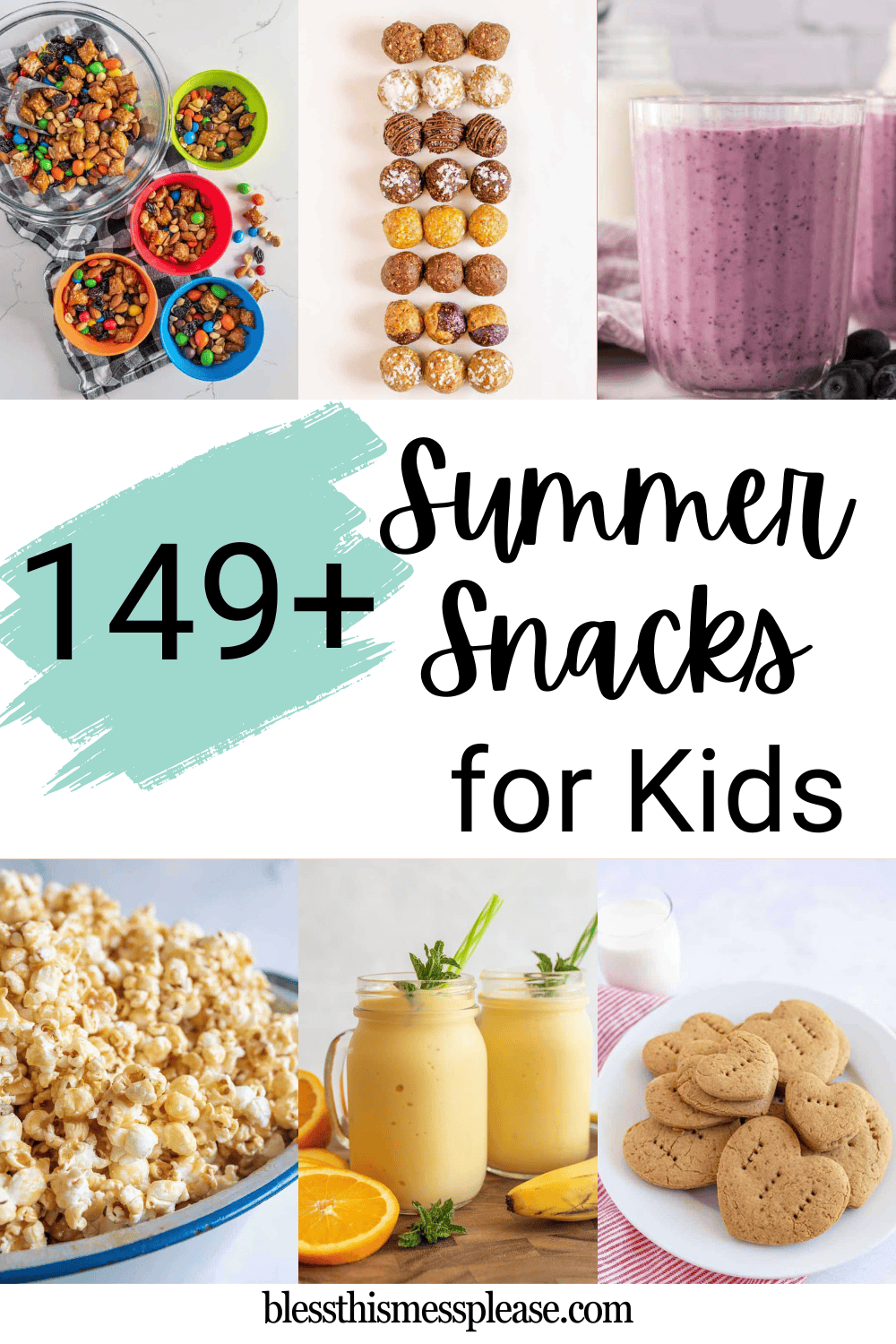 A collage of colorful snacks, including trail mix in bowls, snack balls, a berry smoothie, popcorn, orange smoothies, and heart-shaped cookies, with the text: 149+ Summer Snacks for Kids.